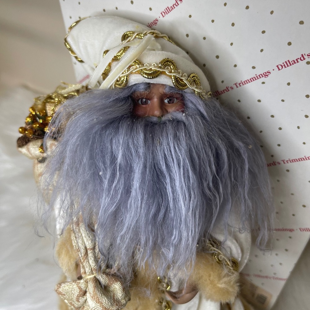 Vintage Dillard's Trimmings 14" Fabric Mache Santa Figurine w/ Box Gold White - Picture 2 of 12